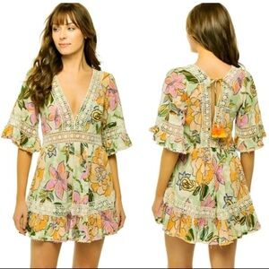 Z&L Europe Gardenia Floral Print Crochet‎ Trim Mini Dress Beach Coverup Large